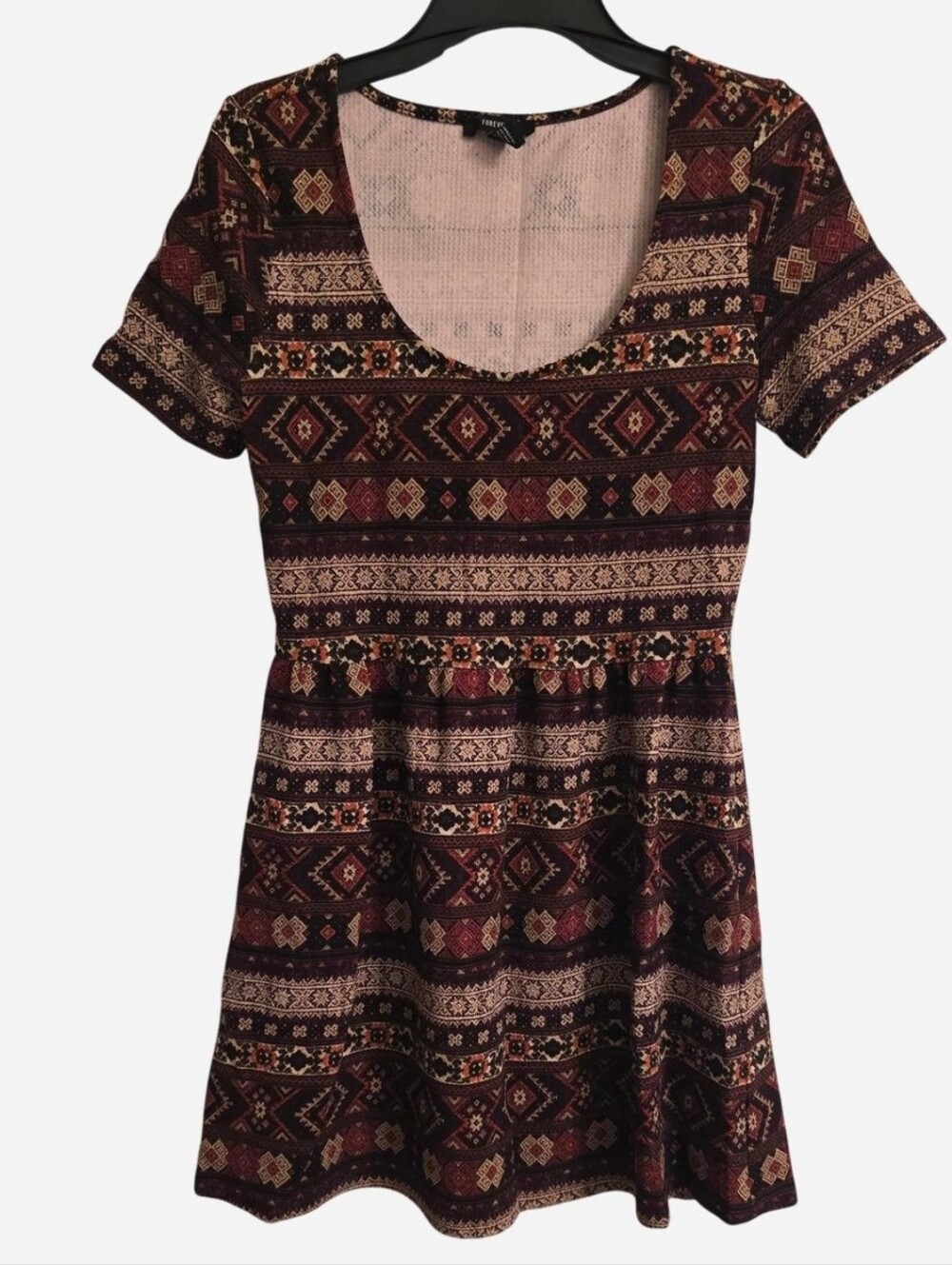Forever 21 Maroon Tan Scoop Neck BOHO Geometric Print Dress L